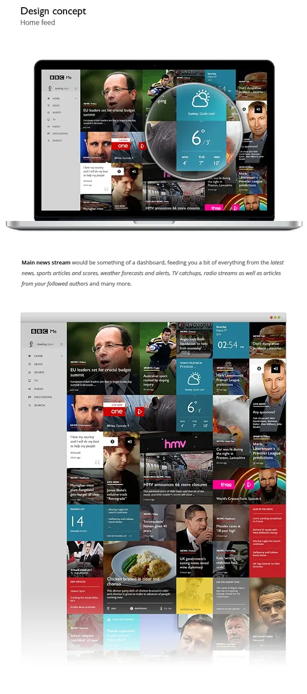 BBC i news app UI mockup on laptop and desktop, minimal, technical, light