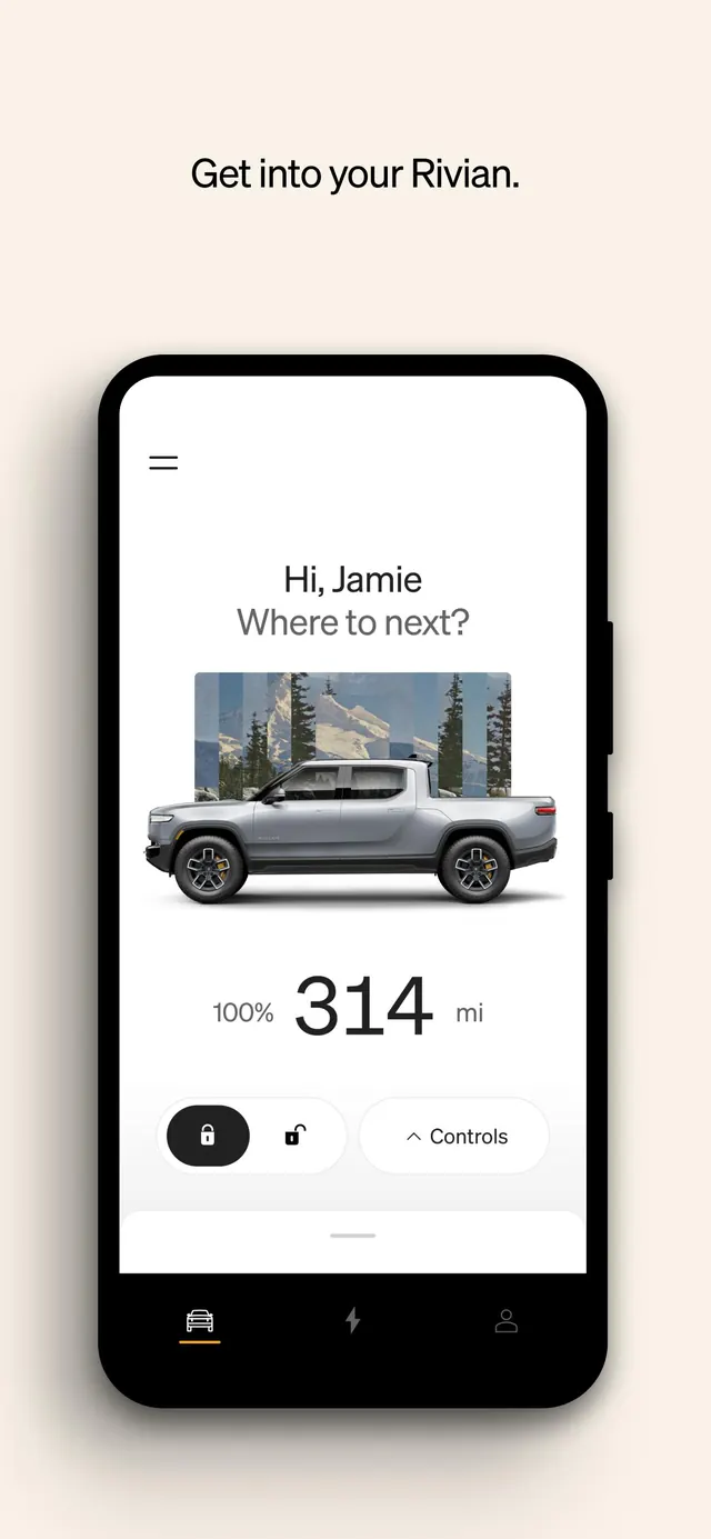 Rivian mobile app UI on smartphone, minimal, corporate-clean, light