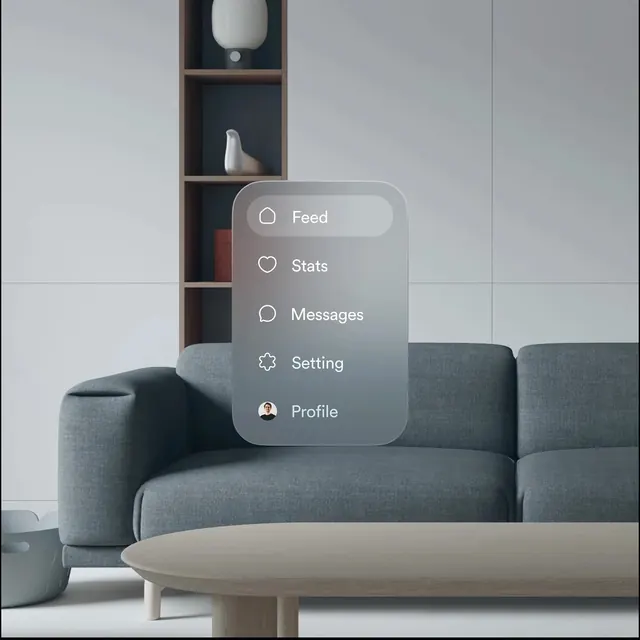 Navigation menu UI in Apple Vision Pro style, glassmorphism, minimalist, light