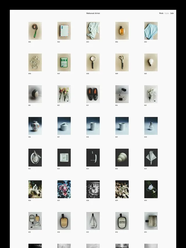 Muhannad Al-Ani numbered portfolio index, minimal, editorial, light