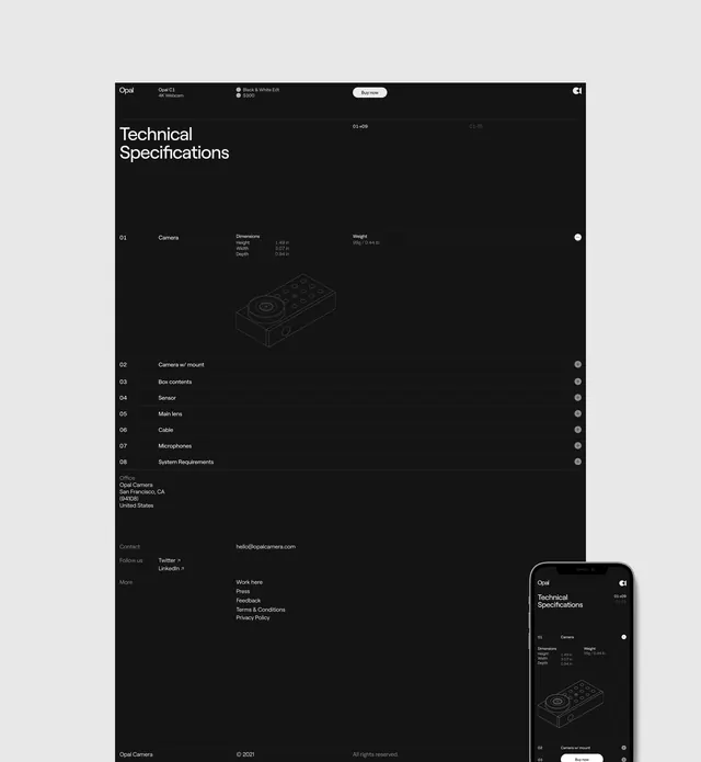 Opal C1 tech specs web page, minimal, dark-mode, dark