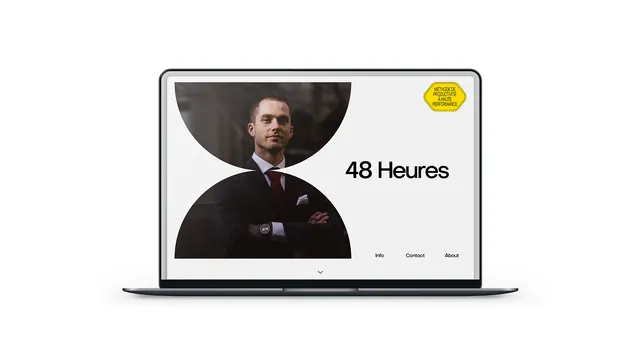 48 Heures hourglass web hero mockup, minimal, corporate-clean, light