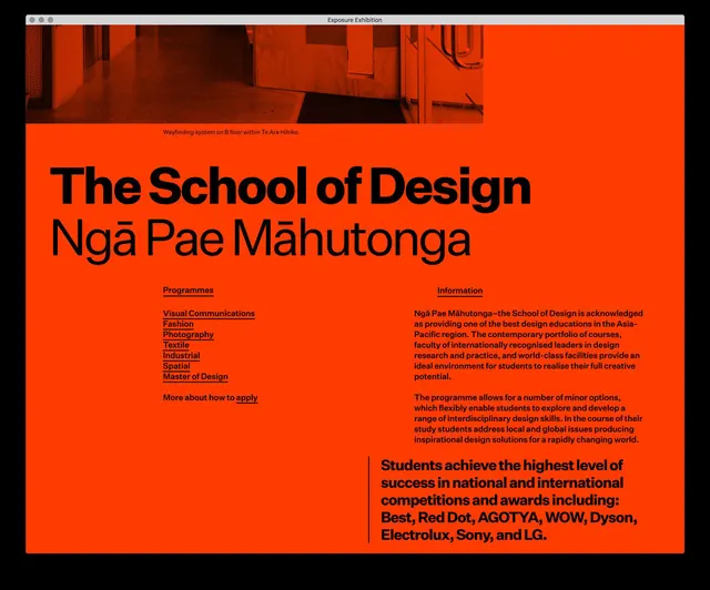 Massey design school orange web page, swiss, minimal, vibrant