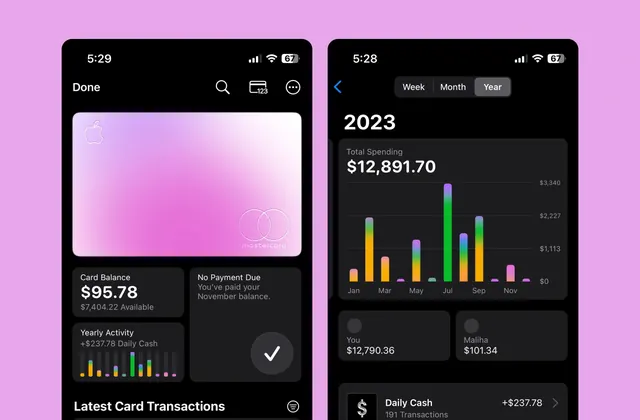 Apple Card Wallet dark-mode screens, minimal, corporate-clean, dark