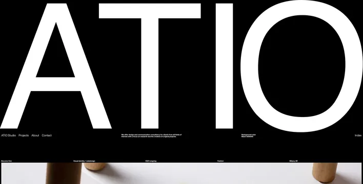 ATIO Studio oversized type homepage, minimal, swiss, light