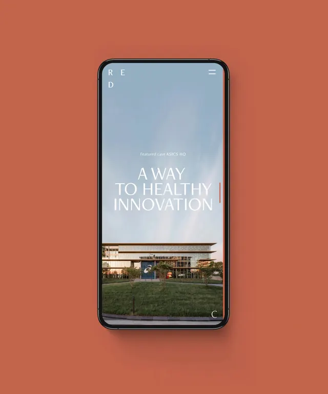 ASICS HQ mobile case study UI, minimal, corporate-clean, warm