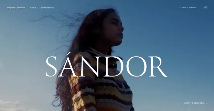 Sándor fashion website hero, editorial, minimal, cool