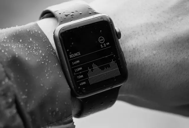 Smartwatch fitness UI in rain, minimal, technical, monochrome