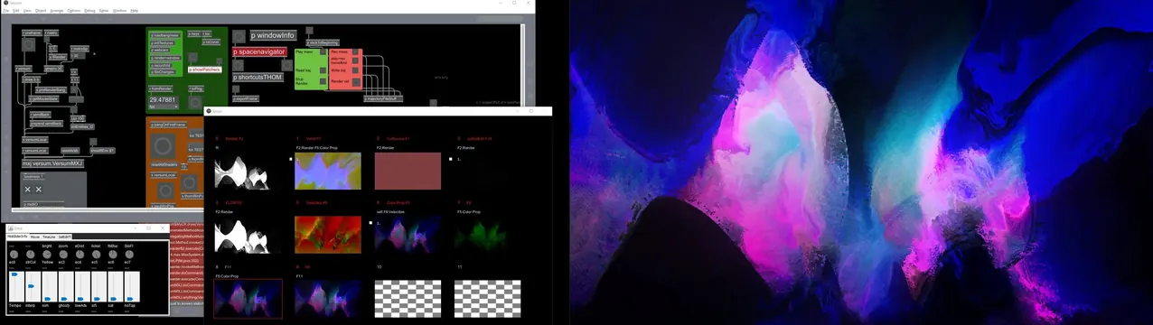 Generative art patch and output, technical, abstract, dark