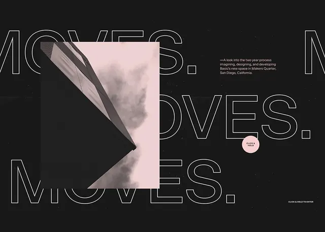 MOVES outlined-type architecture landing screen, minimal, editorial, dark