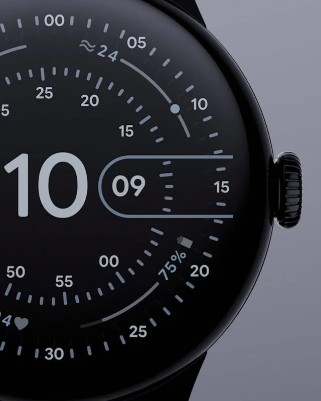 Round smartwatch data-rich UI render, minimal, technical, dark