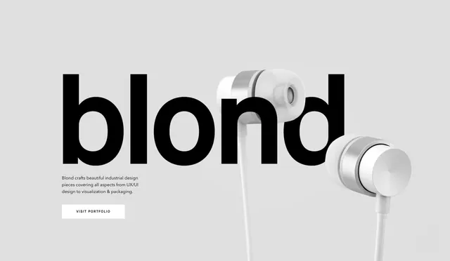Blond studio portfolio with earbuds product, minimal, corporate-clean, light