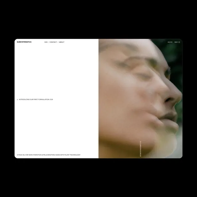Beauty brand website split layout with face close-up, minimal, light-mode, light