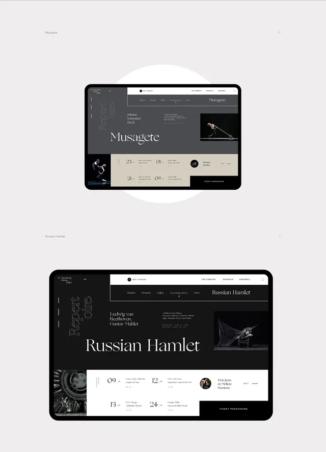 Musagete and Russian Hamlet websites, minimal, editorial, light