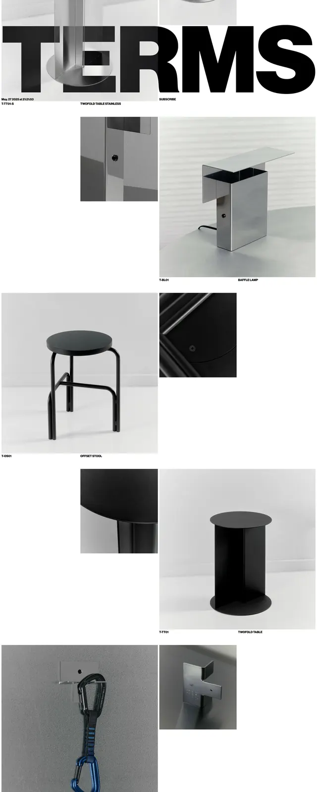 TERMS furniture catalog grid, minimal, brutalist, monochrome