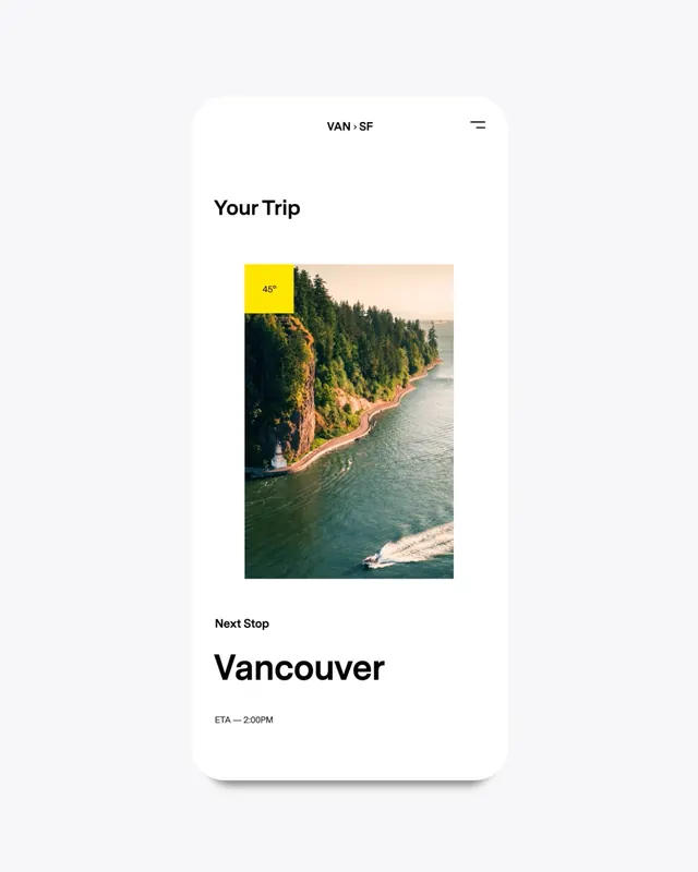 Van to SF travel app screen, minimal, light-mode, light
