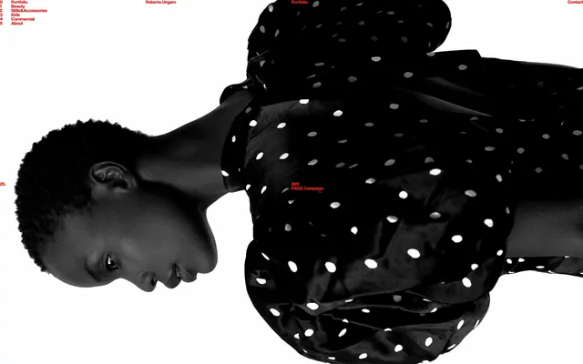 Roberta Ungaro portfolio with red type, minimal, editorial, monochrome