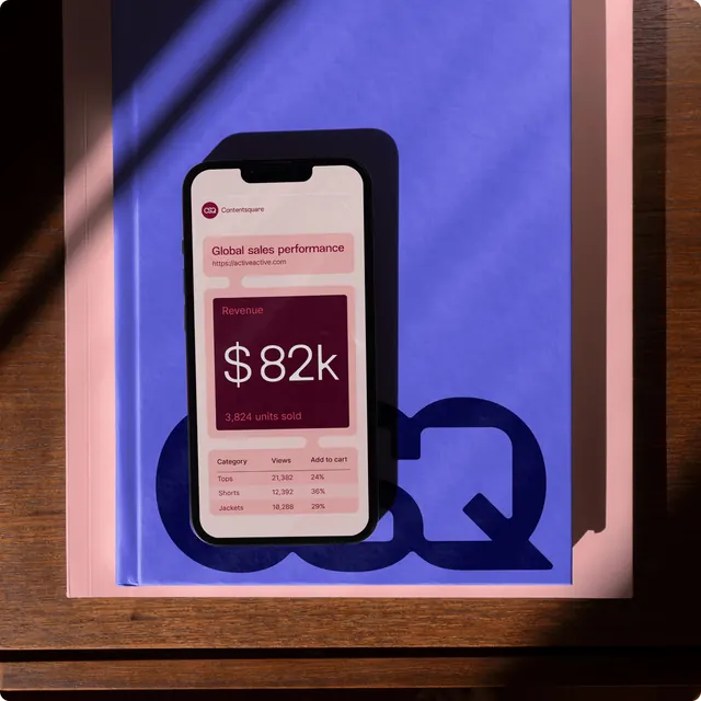 Contentsquare mobile dashboard flat lay, minimal, photographic, vibrant