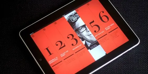 iPad editorial red column magazine UI, editorial, minimal, vibrant