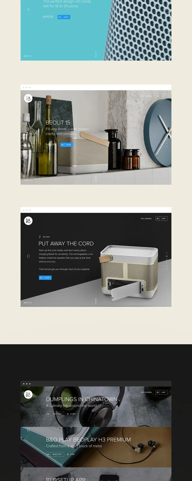 Bang and Olufsen website design presentation, minimal, corporate-clean, light