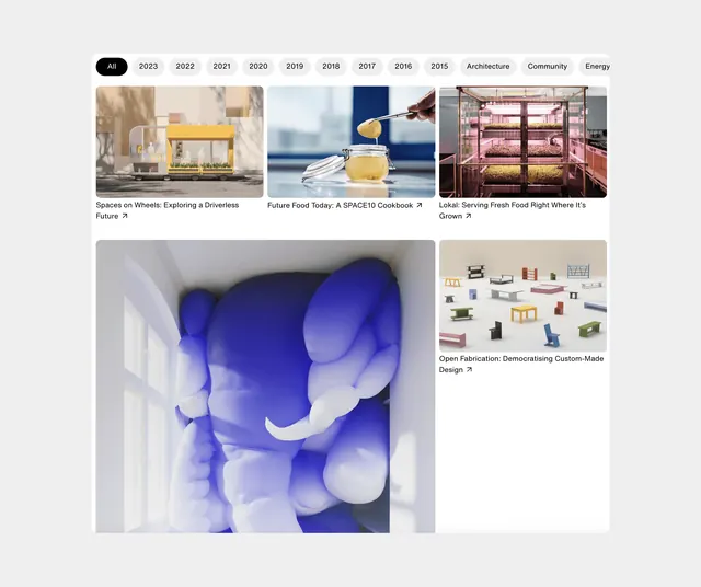 SPACE10 project gallery UI, minimal, corporate-clean, light