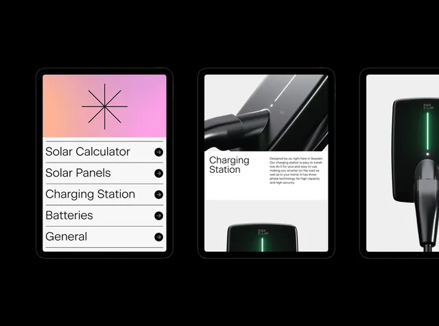 Svea Solar app screens, minimal, corporate-clean, light