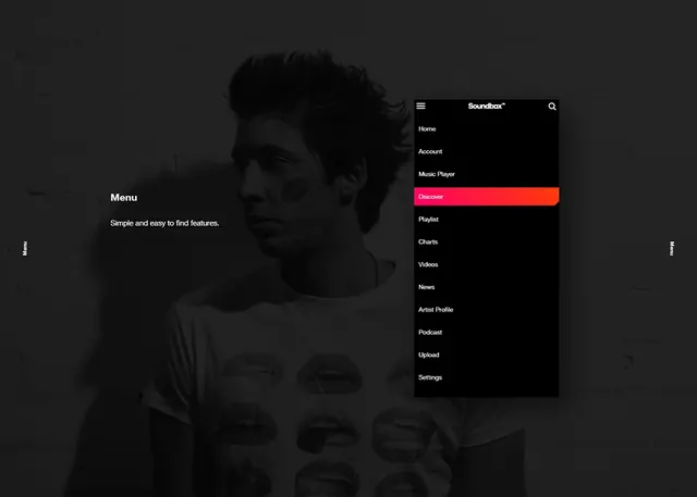 Vodafone Soundbox mobile menu UI, dark-mode, minimal, dark