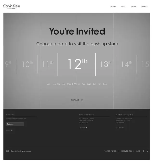 Calvin Klein push up store invitation UI, minimal, corporate-clean, light