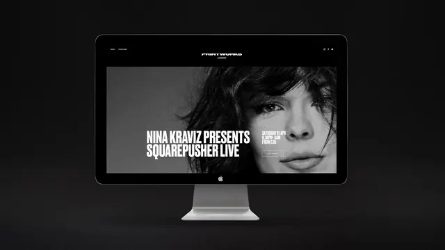 Printworks London event website mockup, minimal, dark-mode, dark