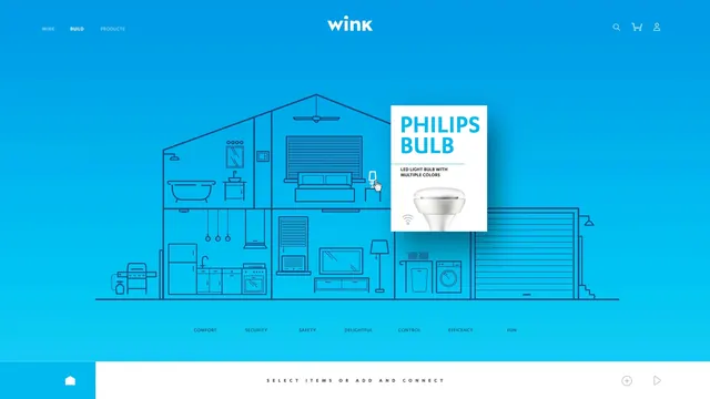 Wink smart home UI with house cutaway and Philips bulb, minimal, vibrant