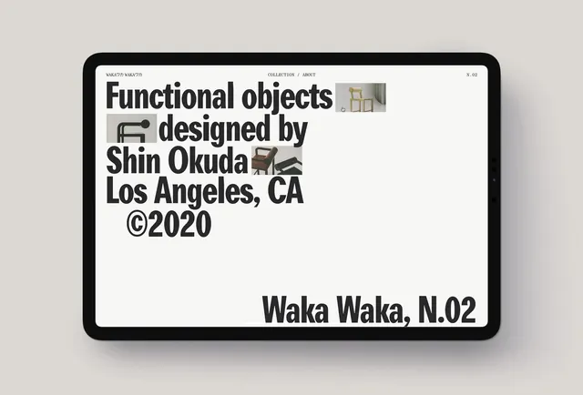 Waka Waka functional objects website on tablet, minimal, swiss, light