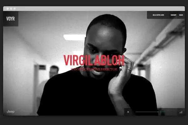 Virgil Abloh portrait in browser UI frame, minimal, monochrome, monochrome
