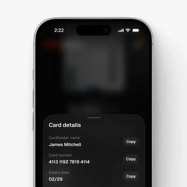 Card Details Transition, minimal, dark