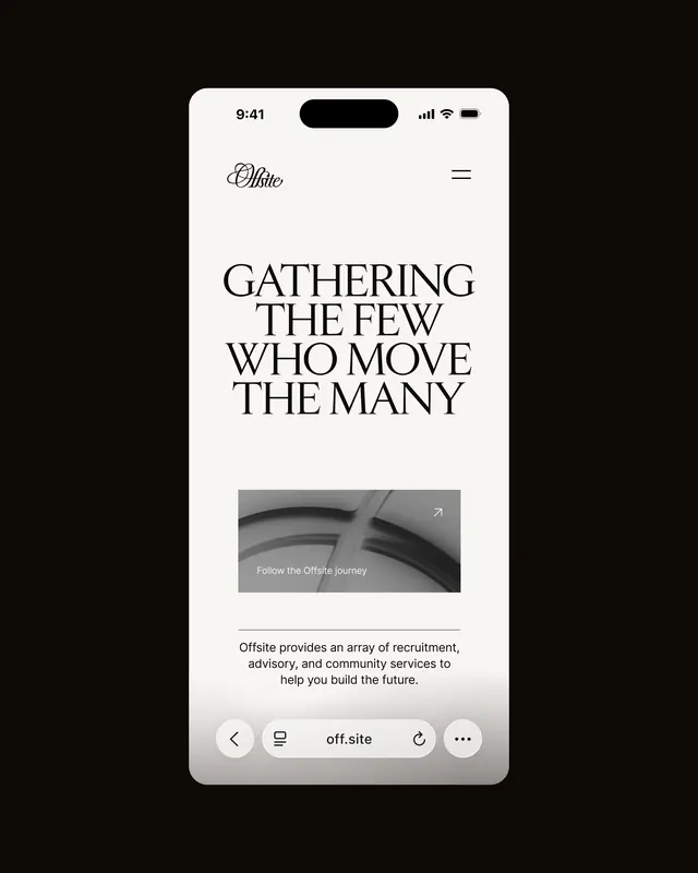 Offsite mobile recruitment homepage, minimal, editorial, light