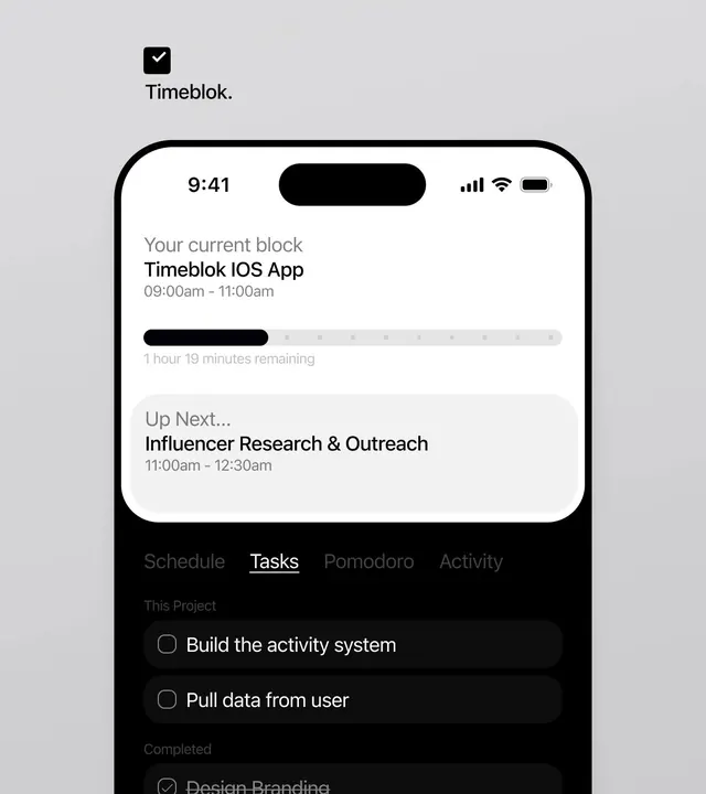 Timeblok iOS app concept, minimal, dark-mode, monochrome