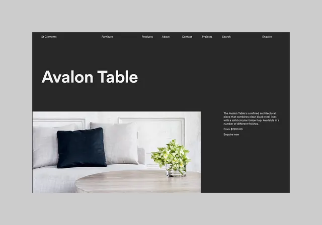 St Clements dark furniture product page, dark-mode, minimal, dark