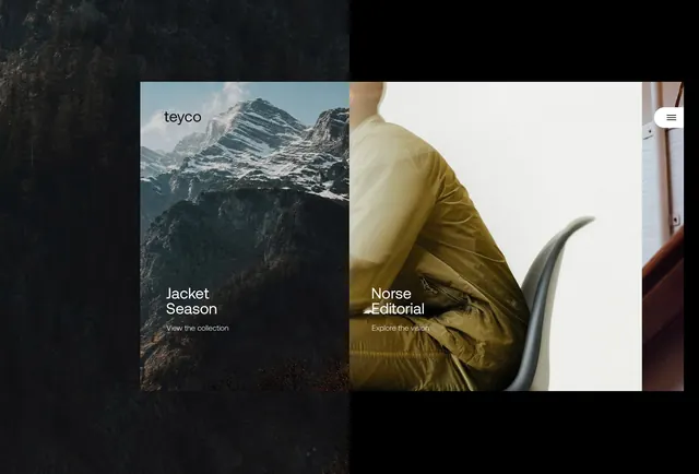 Teyco split hero website, minimal, editorial, muted
