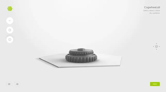 3D printer UI with cogwheel model, minimal, technical, light