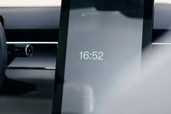 Polestar car interior digital display, minimal, dark-mode, dark