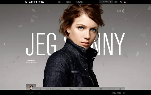 G-Star Raw website product page with denim model, corporate-clean, minimal, light