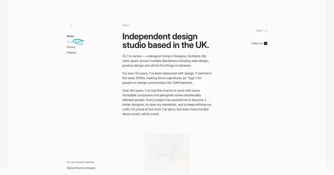 Wireframe Studio About Page, minimal, playful, monochrome