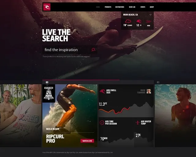 Surf competition website with dark aesthetic, dark-mode, photographic, dark
