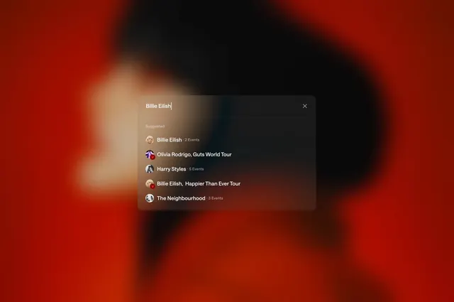 Music event search UI modal interface, dark-mode, technical, dark