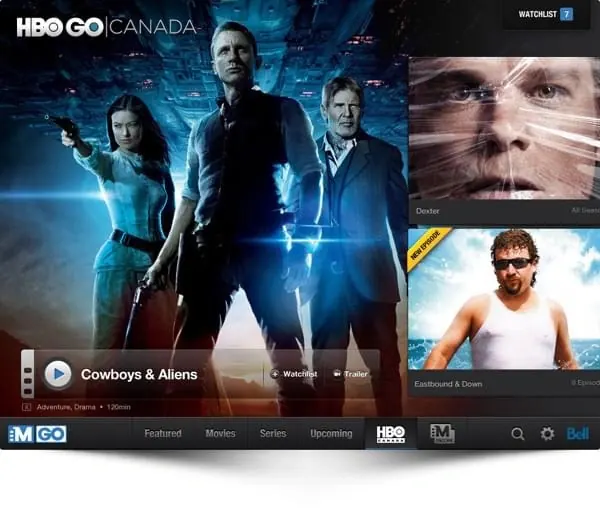 HBO GO Canada interface, dark-mode, photographic, dark
