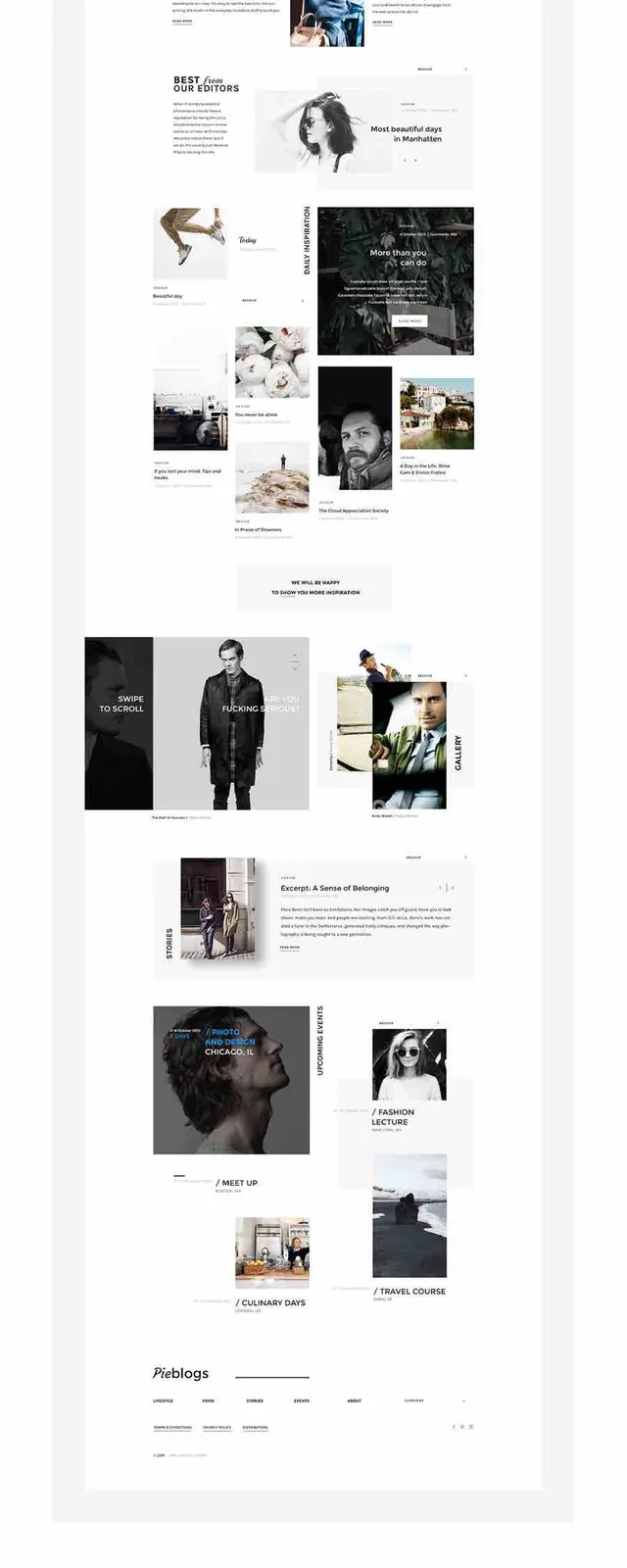 Editorial photography blog with blue hero and image grid, minimal, editorial, light