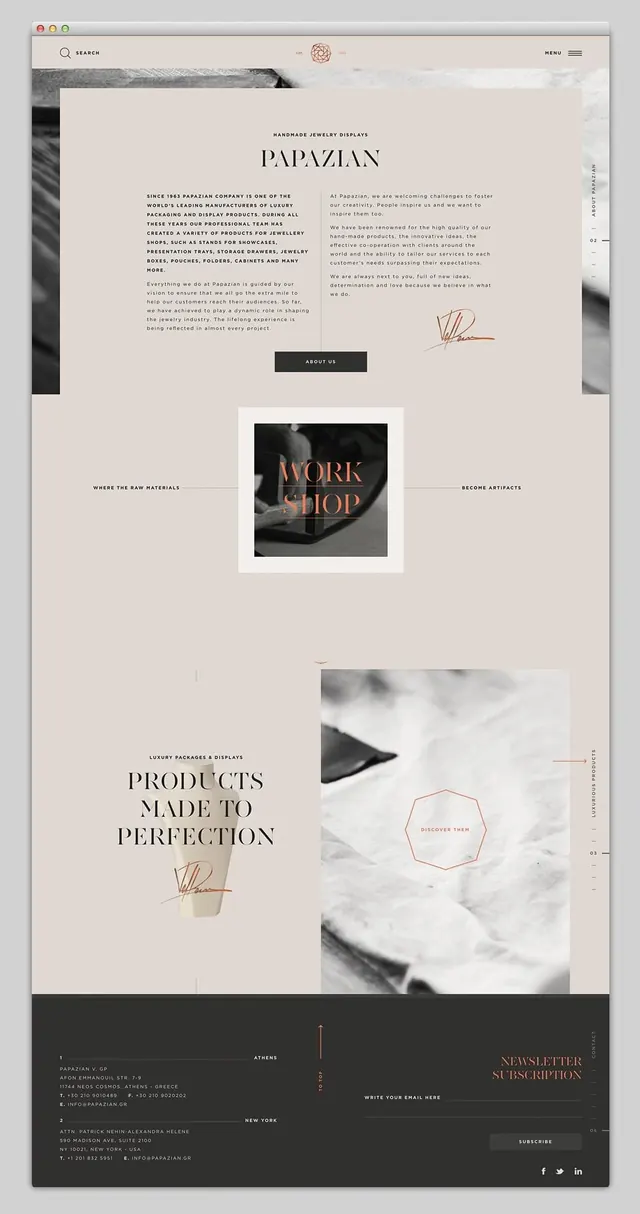 Papazian jewelry website, minimal, editorial, light