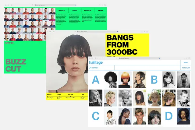 Hairitage digital archive interface carousel, editorial, technical, vibrant