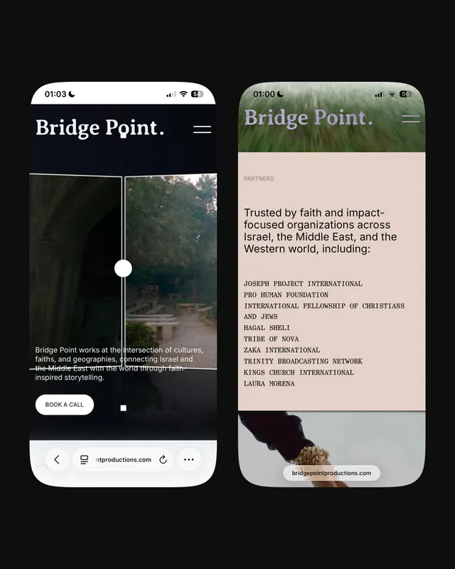 Bridge Point website UI design carousel (slide 2), minimal, corporate-clean, neutral