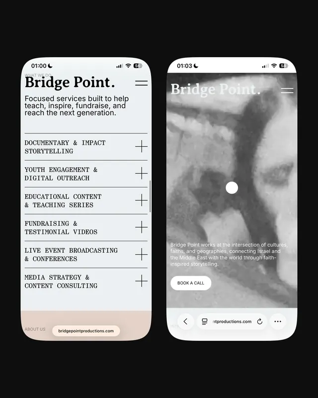 Bridge Point website UI design carousel (slide 3), minimal, corporate-clean, neutral