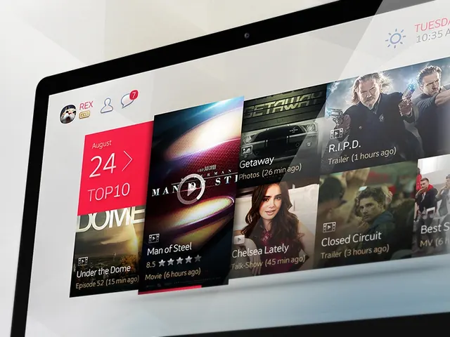 Movie streaming app UI on laptop, minimal, light